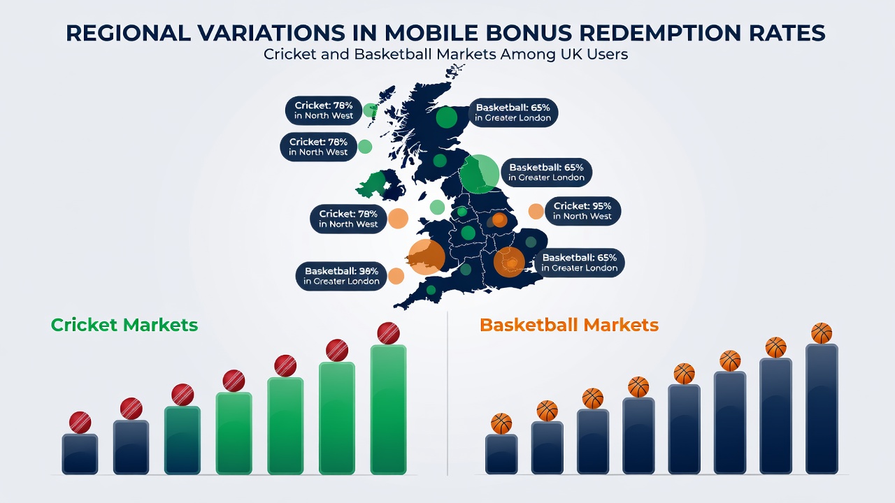 Graph illustrating monthly redemption rate changes for cricket and basketball bonuses in different UK regions during 2026